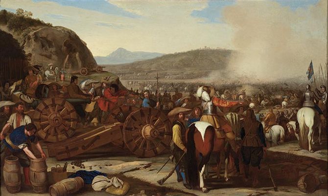 Aniello Falcone - Batalla de caballeros españoles con cañones