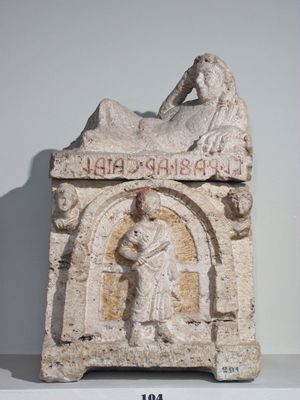 Cinerary urn in travertine belonging to the Etruscan Rafi family