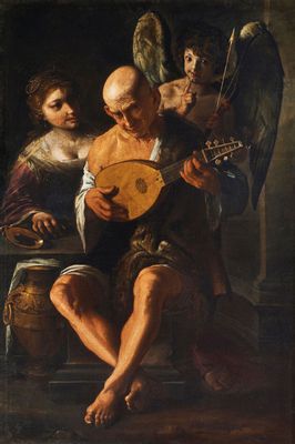 Pietro Paolini - Mondone che suona il liuto con donna e Cupido in attesa