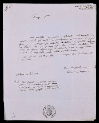 Lettera di Cesare Campori a Luigi Napoleone Cittadella