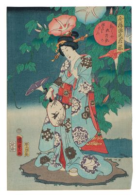 Utagawa Kunisada II - Convolvoli e beltà con ventaglio uchiwa