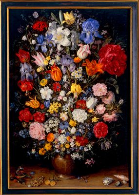 Jan Brueghel il Giovane - Vaso di fiori con gioiello, monete, conchiglie