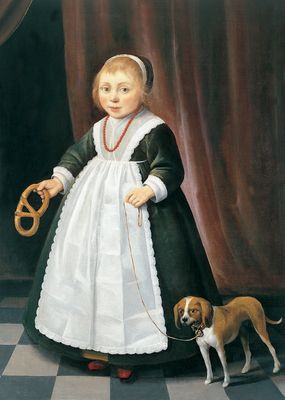 Jacob Gerritsz Cuyp - Ritratto di una ragazza che tiene un pretzel con un cane al suo fianco