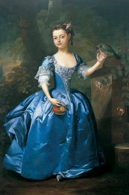 Willem Verelst Pinxit  - Ritratto di una ragazza vestita di blu, con un pappagallo in un sontuoso giardino