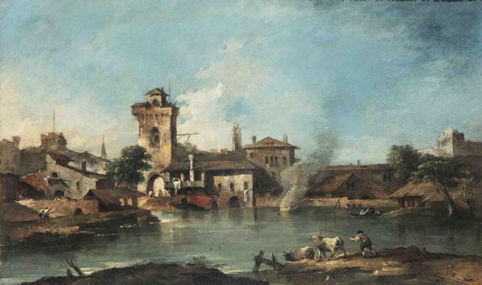 Francesco Guardi - Capriccio con torre rustica e velieri