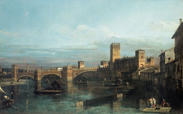Bernardo Bellotto - Mulini galleggianti sull'Adige vicino a Castelvecchio e al Ponte Scaligero