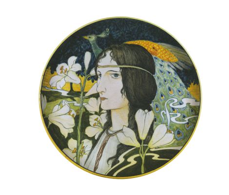 Galileo Chini - Assiette décorative avec tête de femme et paon