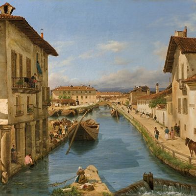 Giuseppe Canella - Vista del Canal Naviglio tomada desde el puente de San Marco