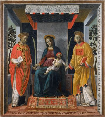 Vincenzo Foppa - Altarpiece of the merchants: Madonna and child between saints Faustino and Giovita