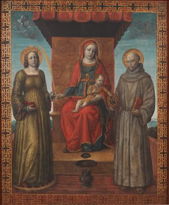 Vincenzo Foppa - Banner von Orzinuovi: Madonna und Kind zwischen der Heiligen Katharina von Alexandria und dem Heiligen Bernardino von Siena