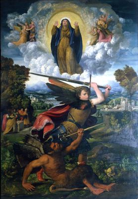 Giovanni Francesco di Niccolò Luteri, detto Dosso Dossi - St. Michael the archangel fights the devil and the Virgin of the Assumption among angels