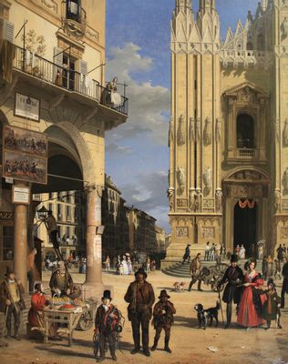 Angelo Inganni - Vista de la Piazza del Duomo con el Coperto dei Figini