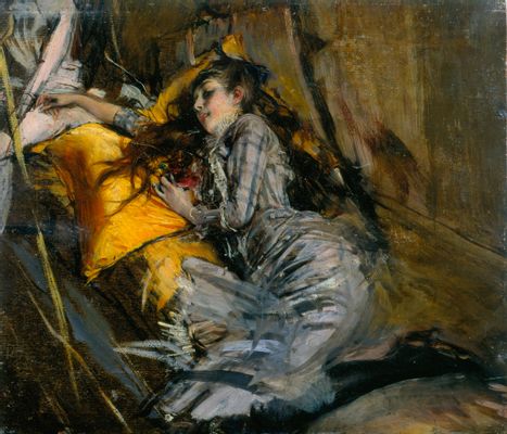 Giovanni Boldini - Fille couchée en robe à carreaux