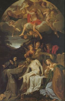 Annibale Carracci - Lamentation over the Dead Christ with Saints Clare and Francis of Assisi