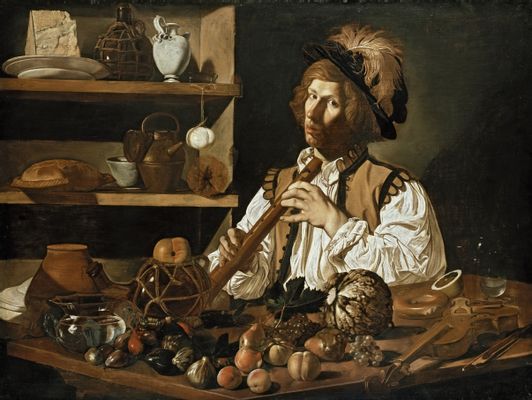 Francesco Boneri, detto Cecco del Caravaggio - Interieur mit Stillleben und Jüngling mit Flöte
