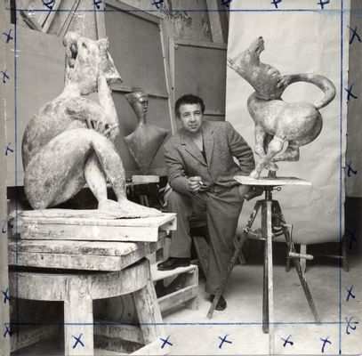Artist in the studio with Sibyl, Horse and studio of a man