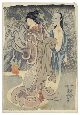 Utagawa Kuniyoshi - Ghost and catwoman from the triptych Okazaki's bakeneko cat