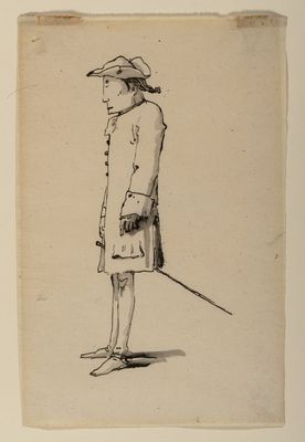 Giambattista Tiepolo - Caricature of a thin man standing and in profile, with tricorn and sword