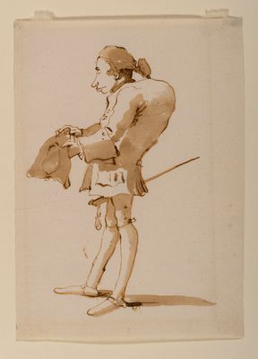 Giambattista Tiepolo - Karikatur eines buckligen Mannes stehend und im Profil, mit Dreispitz in der Hand und Schwert