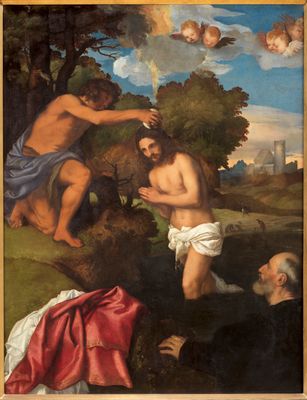 Tiziano Vecellio, detto Tiziano - Battesimo di Cristo con il committente Giovanni Ram