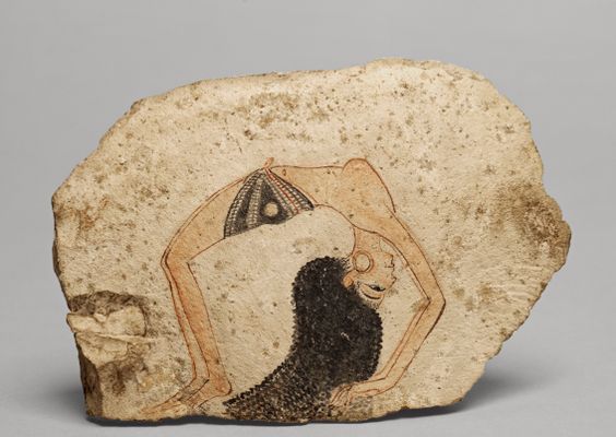 Illustrated ostracon showing a dancer in an acrobatic position 