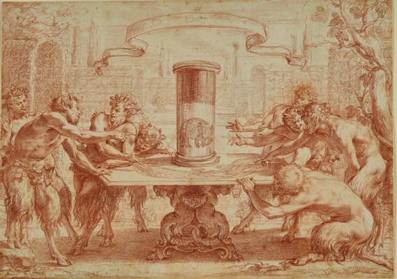 Simon Vouet - Eight satyrs admire the anamorphosis of an elephant