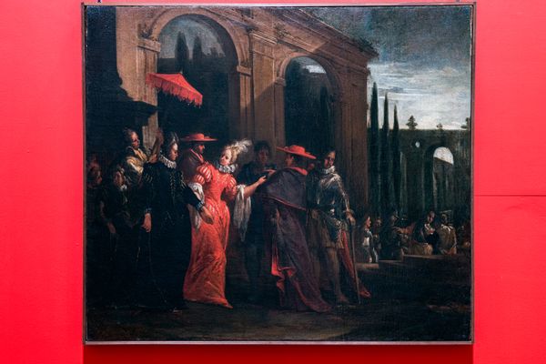 Ilario Giacinto Mercanti, detto lo Spolverini - Elisabetta Farnese and her mother Dorotea Sofia meet cardinals Gozzadini and Acquaviva accompanied by some gentlemen