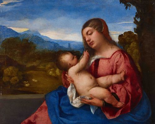 Tiziano Vecellio, detto Tiziano - Madonna col Bambino in un paesaggio