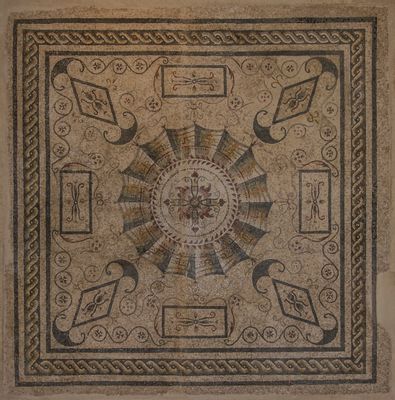 Mosaic floor in polychrome tiles with central velarium