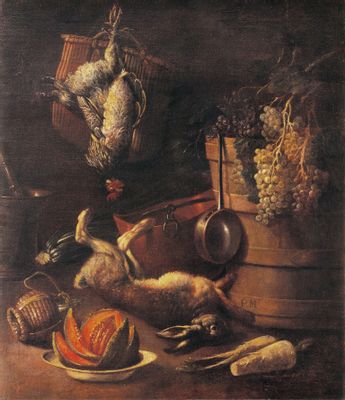 Nicola Levoli - Natura morta con lepre, tino, uva e sporta con galline