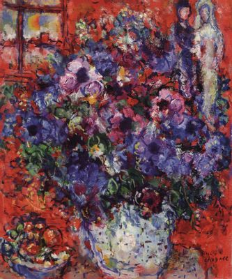 Marc Chagall - Ramo de flores sobre un fondo rojo.