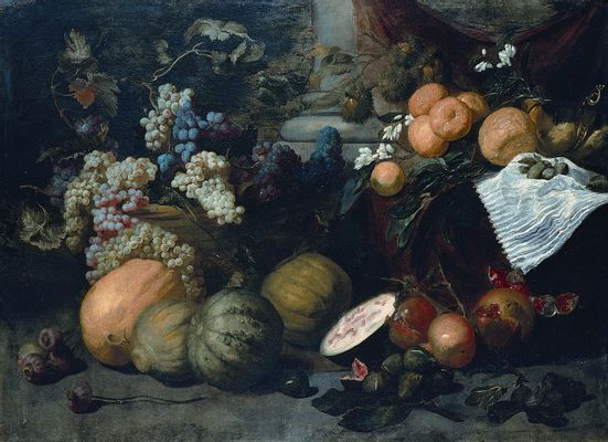 Jan Roos - Bodegón de frutas, verduras y flores.