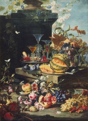 Christian Berentz - Flores, frutas y una bandeja con copas de cristal.