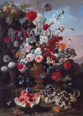 Franz Werner Von Tamm, detto Monsó Daprait - Vase de fleurs, pastèque et moretto avec un plateau de fruits
