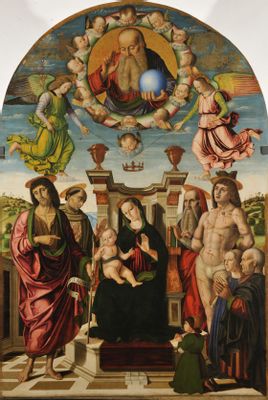 Giovanni Santi - La Virgen y el Niño entronizados y los santos Juan Bautista, Francisco de Asís, Girolamo, Sebastiano y la familia Buffi (Retablo Buffi)