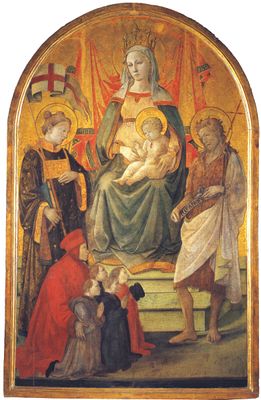 Filippo Lippi - Madonna and Child, St. Stephen, St. John the Baptist and Francesco by Marco Datini presenting the four Buonomini (Madonna del Ceppo)