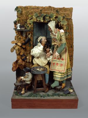 Scene of a nativity scene depicting: shoe repair shop
