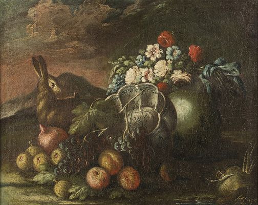 Lorenzo De Caro - Natura morta con fiori frutta e selvaggina