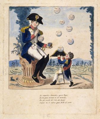 Satirischer Druck, der Napoleon darstellt, der mit Seifenblasen spielt