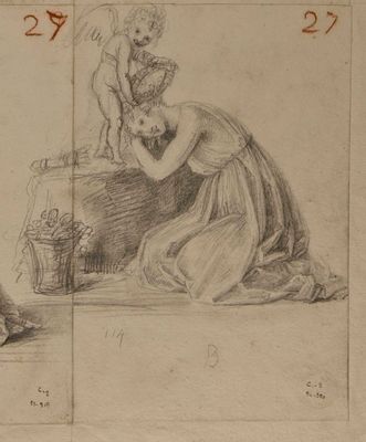 Antonio Canova - Weibliche Figur, drapiert, hockend und mit dem Kopf zurückgelehnt auf einer felsigen Erhebung, und Amor dabei, sie mit einer Blumengirlande zu bekrönen
