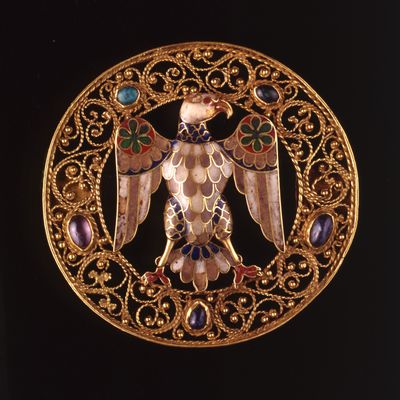 Golden brooch with eagle in German medieval style
