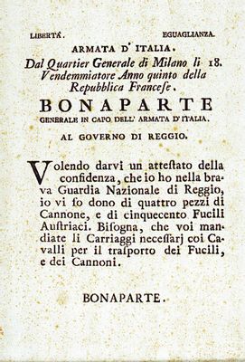 Comunicazione di una donazione di cannoni da parte di Napoleone Bonaparte al Governo di Reggio