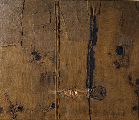 Alberto Burri - Abstraction avec toile de jute brune (Sacco)