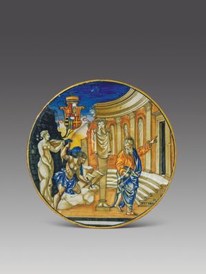 Nicola da Urbino - Piatto, Vitruvio e Michelangelo