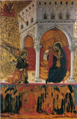 Giovanni di Tommasino Crivelli - Anunciación con los Priores de las Artes de Perugia y su notario Ser Cipriano di Gualtiero