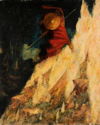 Mariano Fortuny y Madrazo - Wagnerscher Zyklus. Die Walküre Wotan schlägt auf den Felsen, aus dem die Flammen schlagen, die Brunhilds Schlaf beschützen werden