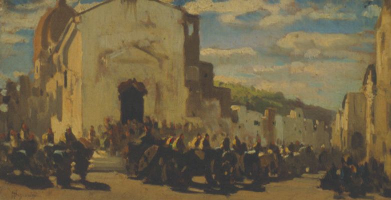 Telemaco Signorini - Artillerie in der Toskana in Montechiaro, begrüßt von den französischen Verwundeten in Solferino