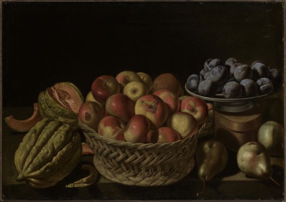 Evaristo Baschenis - Still life with a basket of apples and a plate of plums, melons and pears