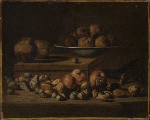 Still life with walnuts, hazelnuts, almonds, dried figs and fruits, second