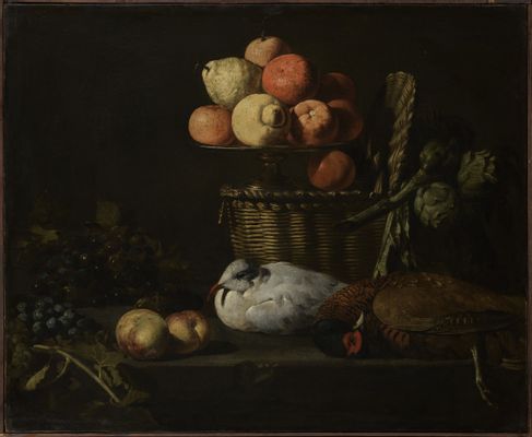 Still life with citrus, artichoke, grape, pheasant and dove stand